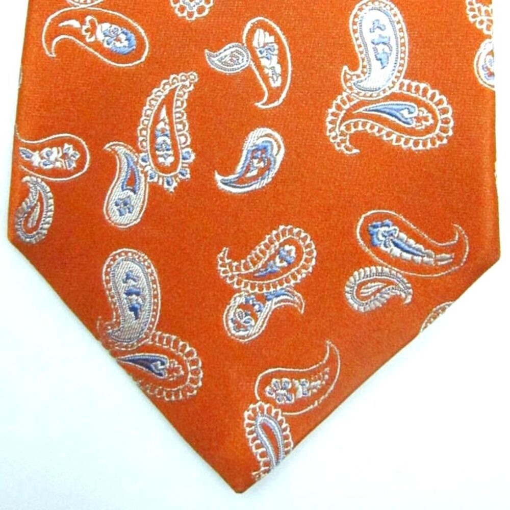 NEW $425 Kiton Napoli Orange With White & Light Blue Paisley Seven-Fold Silk Tie